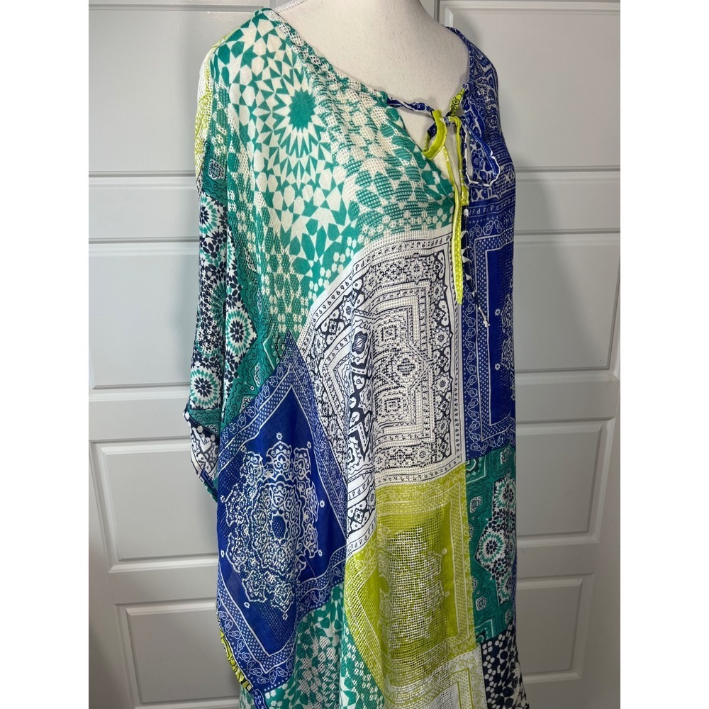 NWT Avenue Women's Patchwork Print Cover-Up Tunic Top Blue Green Yellow OS - Picture 3 of 10